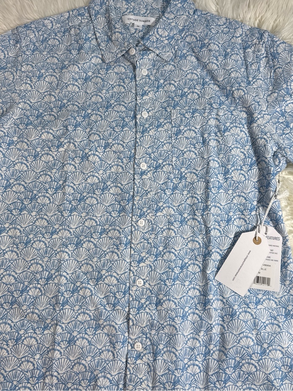 Vintage Summertime Men's Light Blue seashells Print Button-Down Shirt